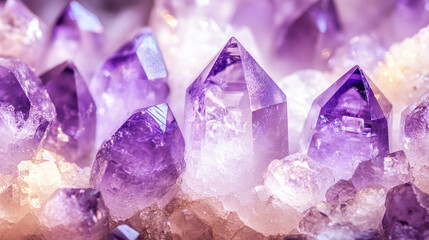 Fototapeta premium Close-up of stunning purple amethyst crystals glowing with natural light, showcasing their intricate facets and sparkling clarity.