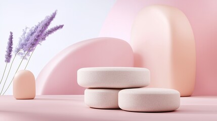 Two beige oval podiums with smooth matte finishes stand on a pink surface, accompanied by lavender flowers and abstract pink shapes, creating a serene and elegant display for product placement