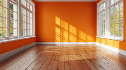 Obraz premium Empty room with orange walls and wood floor 3d render illustration