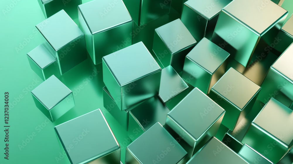 Poster random green metallic abstract geometric shape cube blocks 3d render illustration