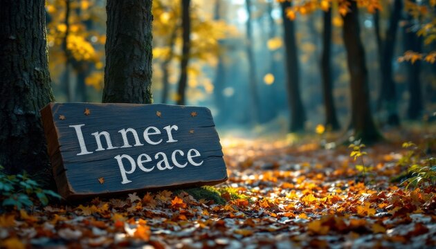 Autumnal path to tranquility with a rustic sign guiding the quest for inner peace