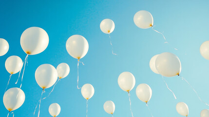 Serene sky filled with numerous white balloons floating gently upwards 3d render illustration. 3D Illustration