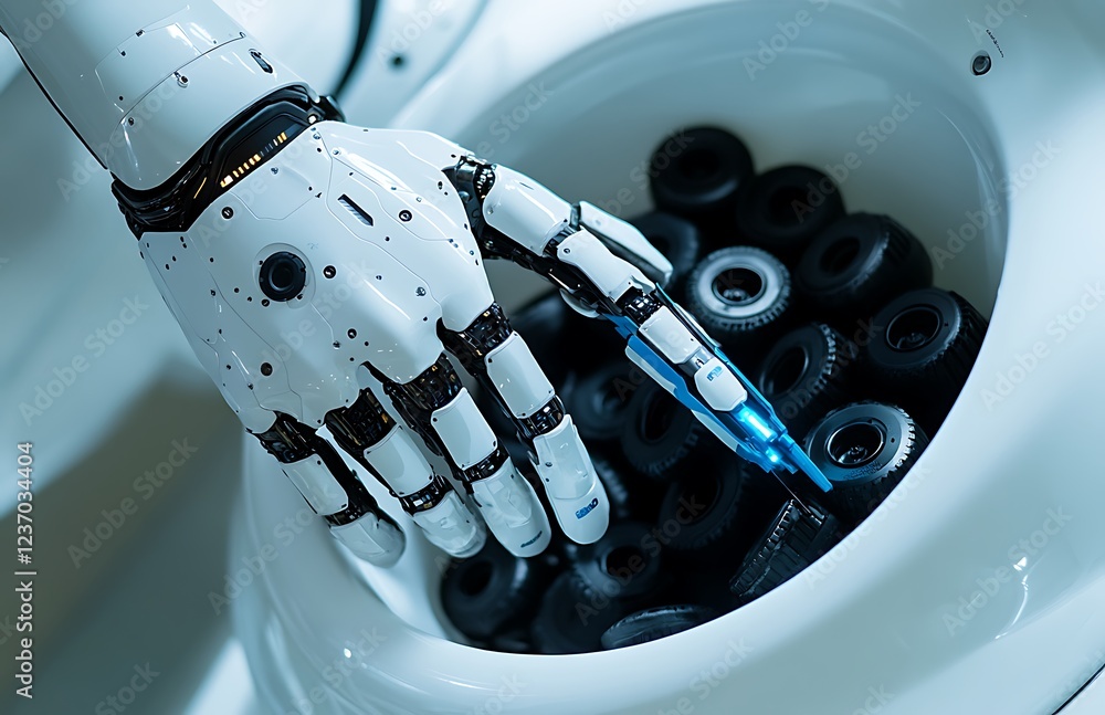 Poster robotic arm sorting small tires in a container.