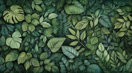 Lush Green Tropical Foliage Abundant Leaves Background