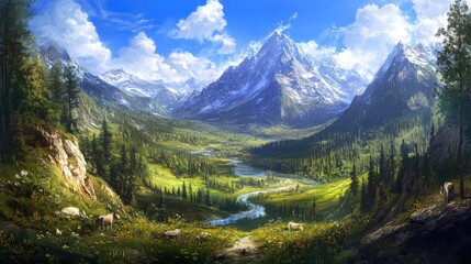 Serene Mountain Valley Landscape With Animals Grazing