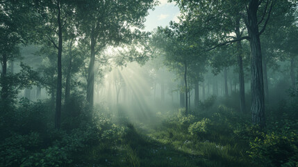 Obraz premium Green meadow forest Scene Captured at Dusk With Lush Trees and Gentle Mist 360 panorama vr environment map. 3D Illustration