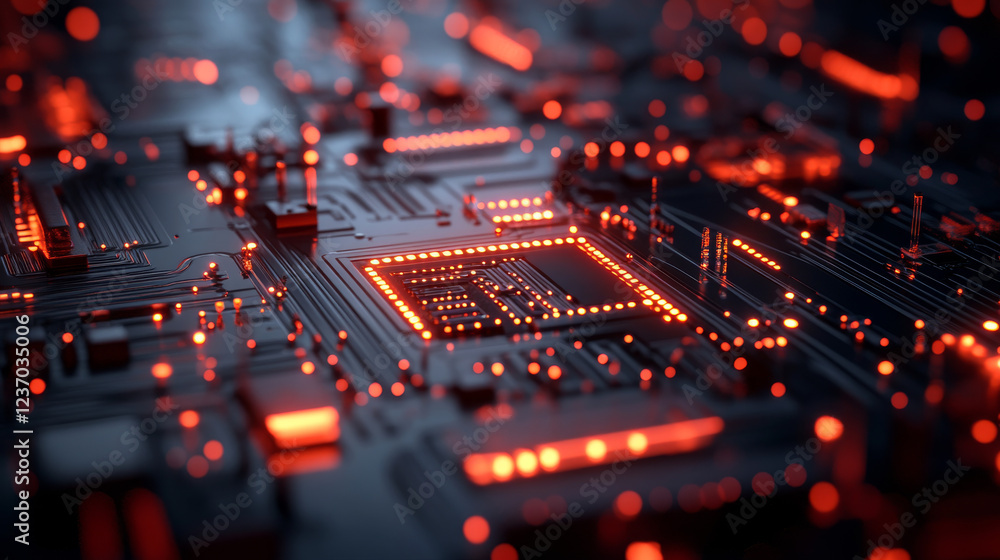 Poster computer micro high technology hardware circuit board with red lighting 3d render illustration