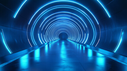 Naklejka premium Abstract Tunnel Vision of Blue Neon Lights Reflecting Infinity Illusion 360 panorama vr environment map. 3D Illustration