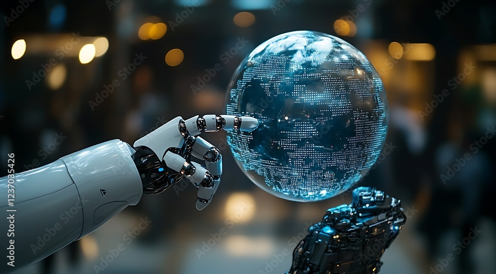Aufkleber robotic hand interacts with a digital globe, representing ai and global connection.