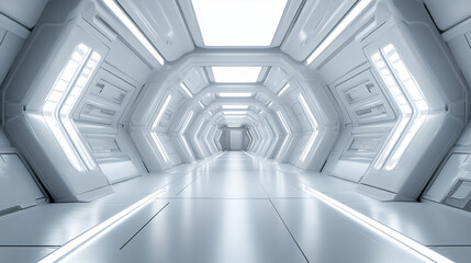 Obraz premium white modern futuristic sci-fi space station hallway tunnels 3d render illustration
