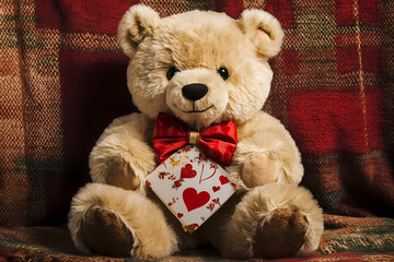 Cozy teddy bear with a red bow holding a Valentine&rsquo;s Day card surrounded by a warm plaid blanket