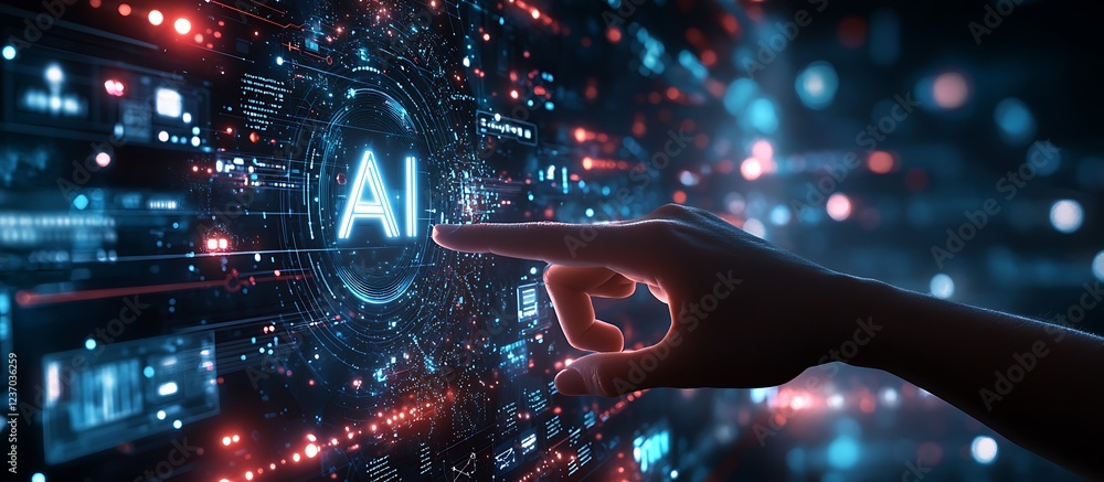 Poster hand interacting with futuristic ai interface.