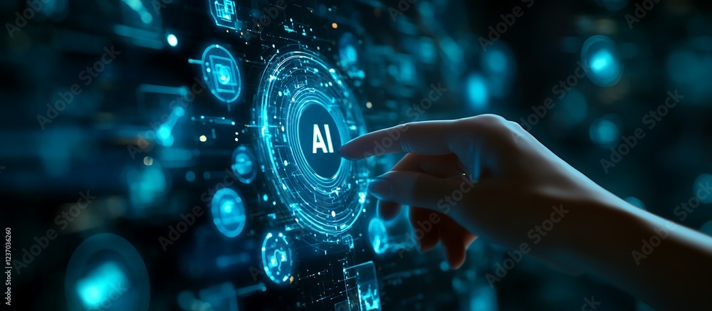 Poster hand interacts with futuristic ai interface, activating artificial intelligence technology.