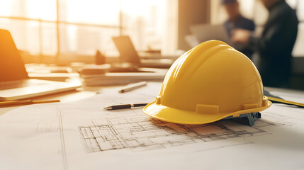 Yellow Hard Hat on Blueprint in Construction Office