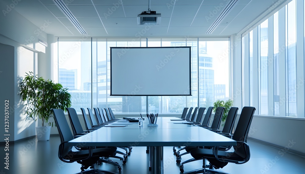Poster modern empty conference room with projector and large windows