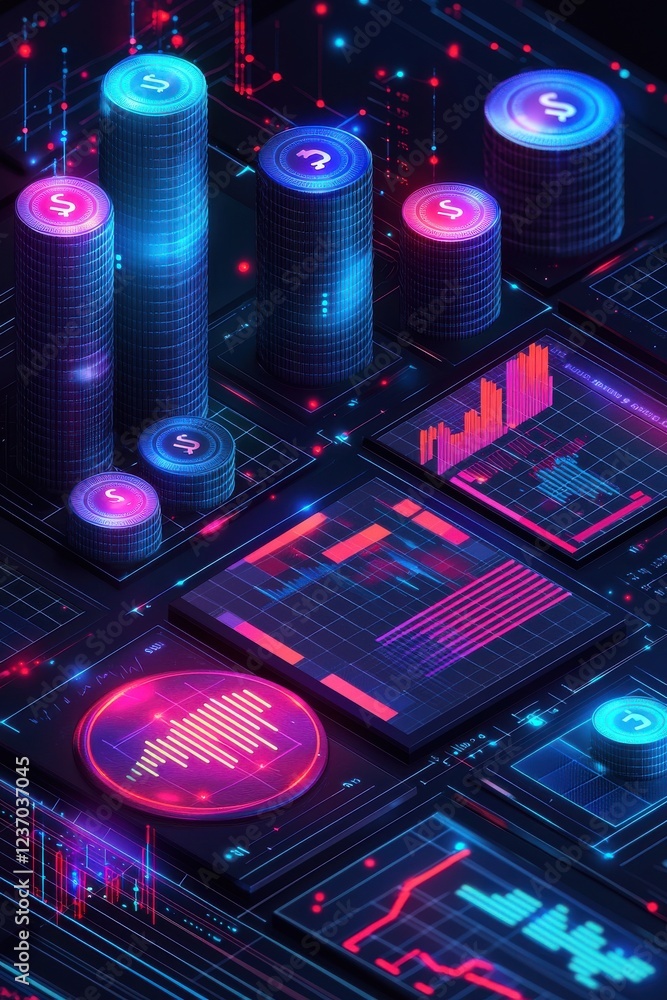 Poster abstract isometric financial data interface with coins and futuristic elements
