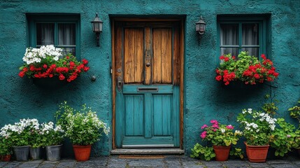 Charming Teal Cottage with Vibrant Flowers