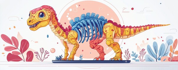 Fototapeta premium Creative illustration of a dinosaur skeleton on a digital platform with nature