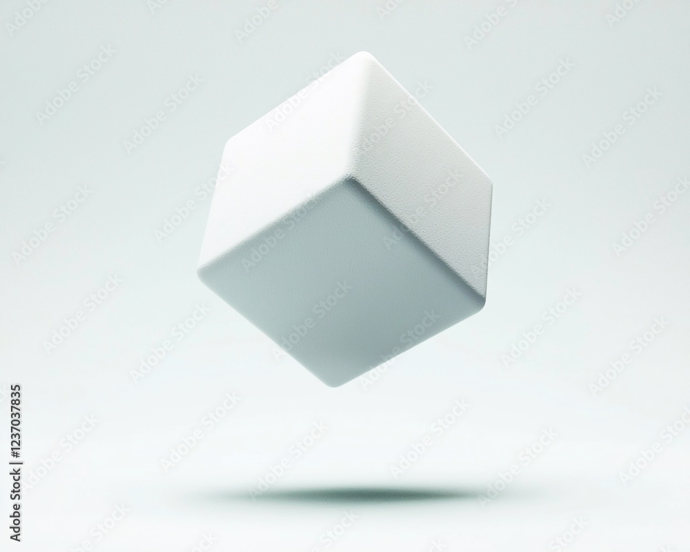 Poster floating white cube on light background.