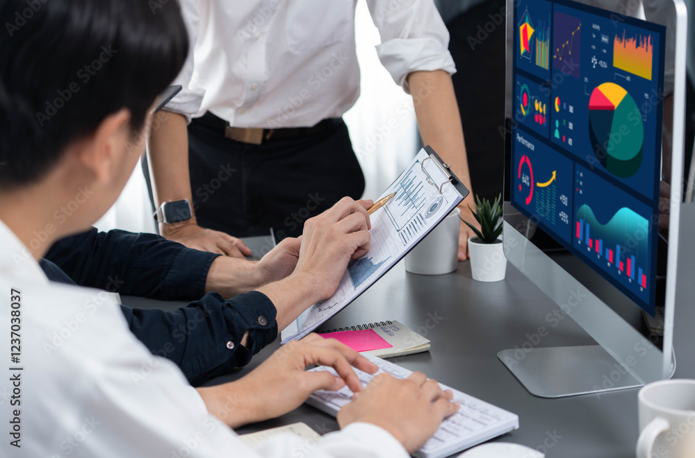 Fototapete data analysts team working analyzing business intelligence bi dashboard display on laptop to analyze