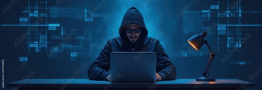 Poster hooded hacker breaking in data servers in dark room
