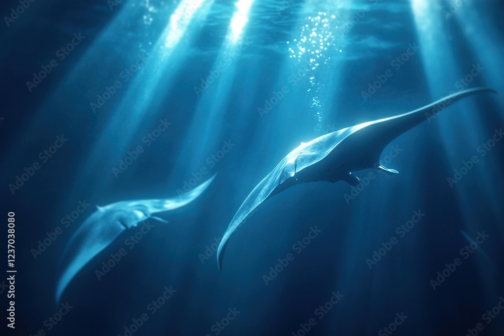 Poster a group of manta rays swims effortlessly through the tranquil depths of the ocean, illuminated by so