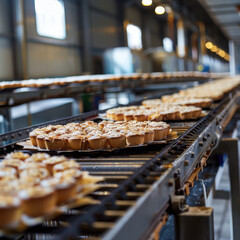 Industrial conveyor belt transporting freshly baked goods, conveyor belt, industrial, manufacturing.