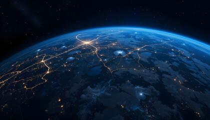 Obraz premium A blue 3d globe of planet Earth and its moon in the black cosmos, illuminated by the sun's light