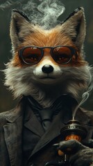 Obraz premium Stylish fox smoking pipe with sunglasses