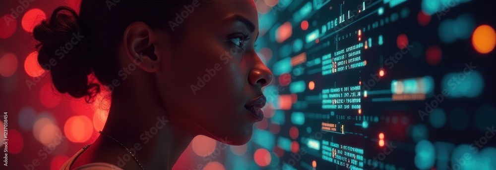Aufkleber focused female developer analyzing code on futuristic transparent display in neon light