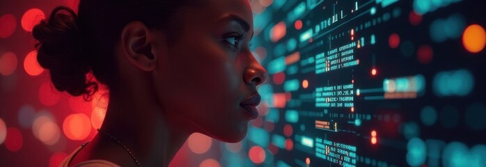 Focused female developer analyzing code on futuristic transparent display in neon light