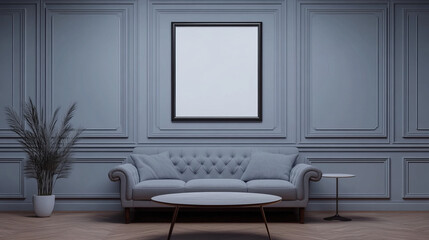 empty studio room loft apartment background with couch, table and blank picture frame 3d render illustration. 3D Illustration