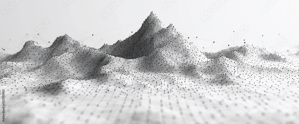 Poster abstract grayscale 3d rendering of a mountainous landscape.