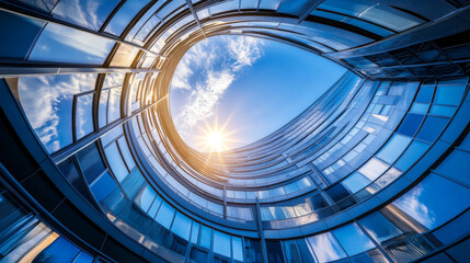 Fototapeta premium 360 degree full panorama environment map of sphere geometric shape futuristic architecture building interior with sky and sun 3d render illustration hdri hdr vr virtual reality. 3D Illustration