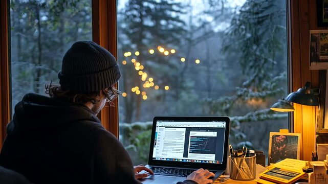 Cozy workspace with a person coding by a snowy window