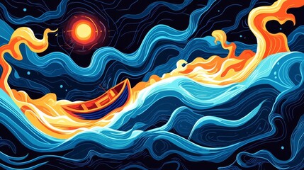 Obraz premium A vibrant artistic depiction of a boat sailing through colorful waves.