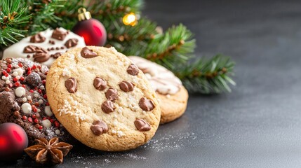 Christmas cookies, fir branches, dark background. Food photography for holiday recipe