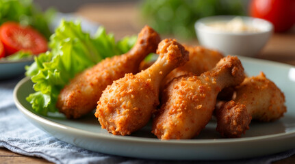 Fototapeta premium Delicious crispy fried chicken drumsticks on a plate with garnish, perfect for comfort food lovers and homemade meals