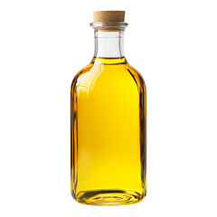 Glass bottle filled with golden cooking oil sealed with a cork, isolated on a clean transparent background for product design.