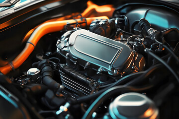 Fototapeta premium Closeup view of car engine in modern auto