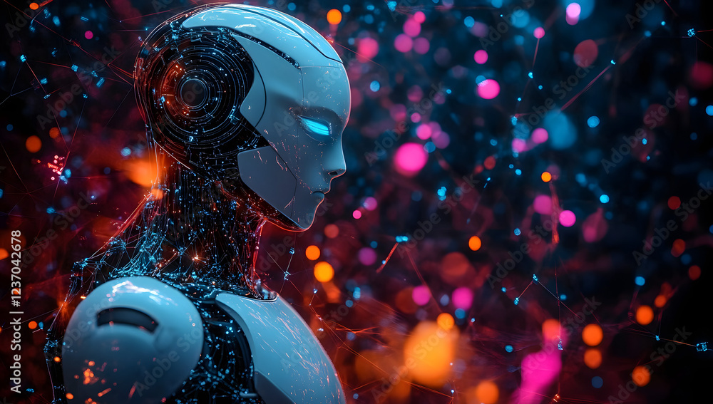 Poster 3d humanoid ai robot metaverse cyberspace digital world background, revolution of ai artificial inte