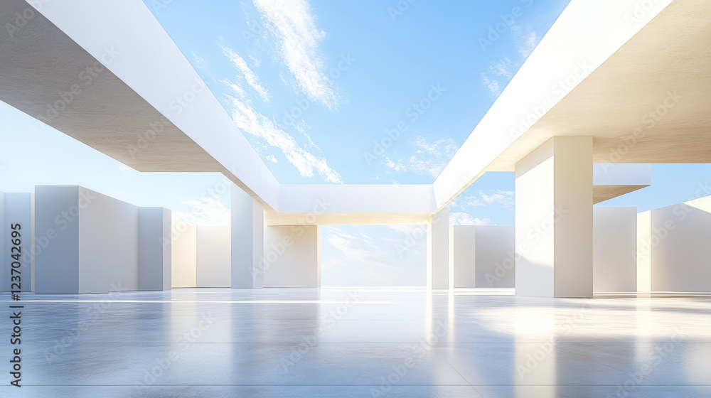 Poster empty abstract concrete building with open top and sky 3d render illustration