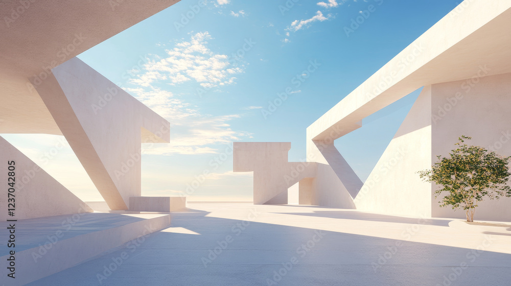 Poster empty abstract concrete building with open top and sky 3d render illustration