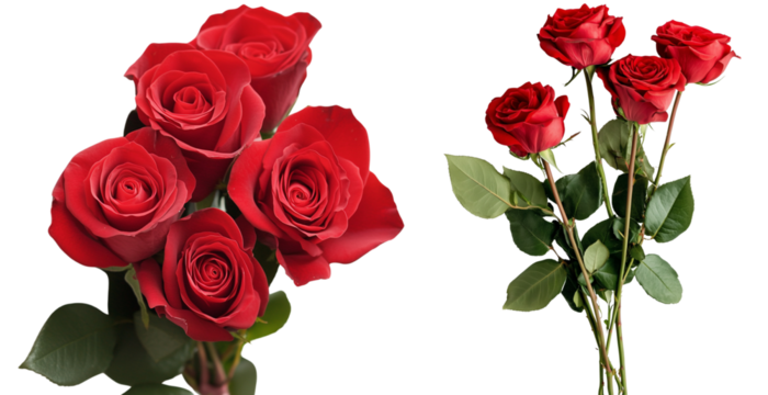 2 bouquets of red roses isolated over transparent (white) background; concept of romance, love, february 14, valentine's day, women day gift; different angle; copy space