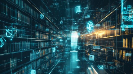 Digital Library Corridor Illuminated With Data Streams