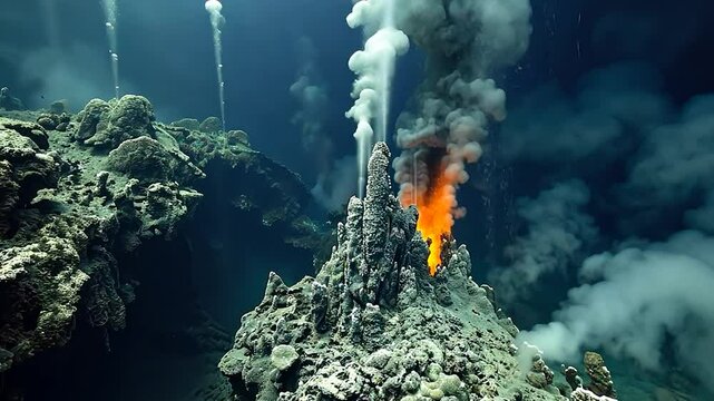 An hydrothermal vent underwater volcanic eruption creating a stunning natural display.