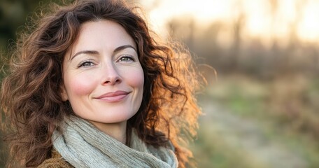 Naklejka premium Radiant Woman with Curly Hair Enjoying Sunset Outdoors. Generative AI.
