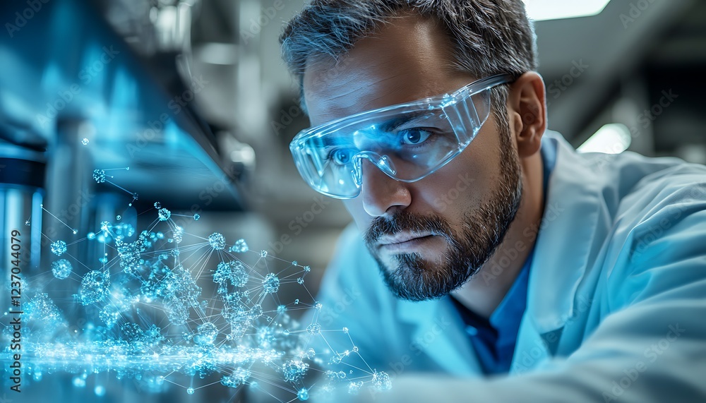 Poster scientist examining a complex network, possibly molecular structures, in a lab setting.
