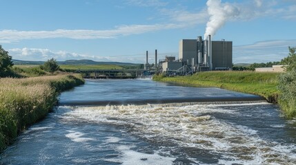 Obraz premium Industrial Plant Beside a River with a Small Waterfall
