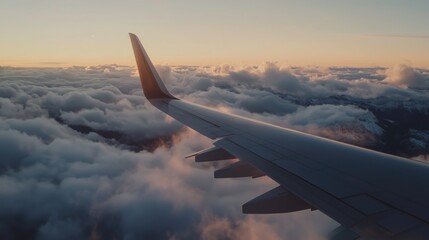 Obraz premium Beautiful sunset view from airplane wing soaring above fluffy clouds in clear sky